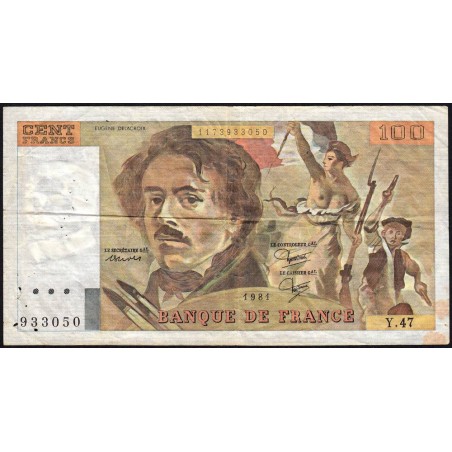 F 69-05 - 1980 - 100 francs - Delacroix - Série Y.47 - Etat : TB-