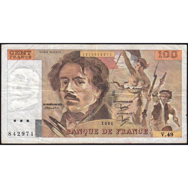 F 69-05 - 1980 - 100 francs - Delacroix - Série V.49 - Etat : TB-