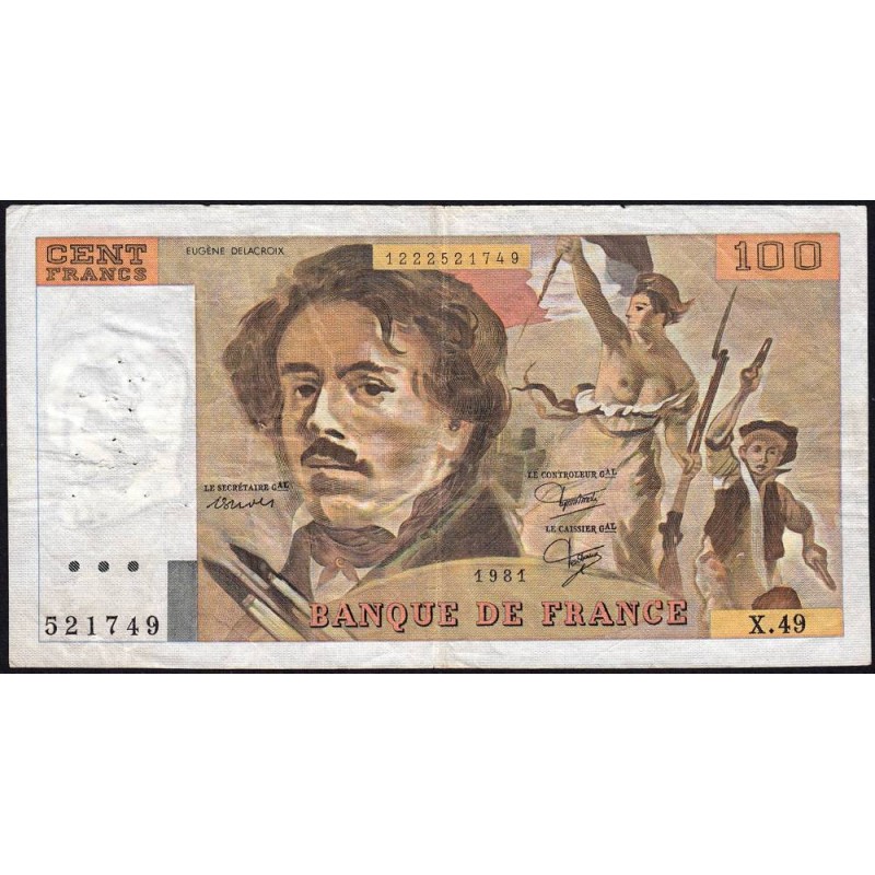 F 69-05 - 1980 - 100 francs - Delacroix - Série X.49 - Etat : TB