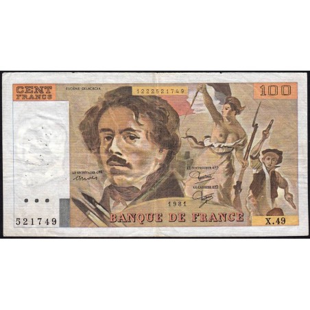 F 69-05 - 1980 - 100 francs - Delacroix - Série X.49 - Etat : TB