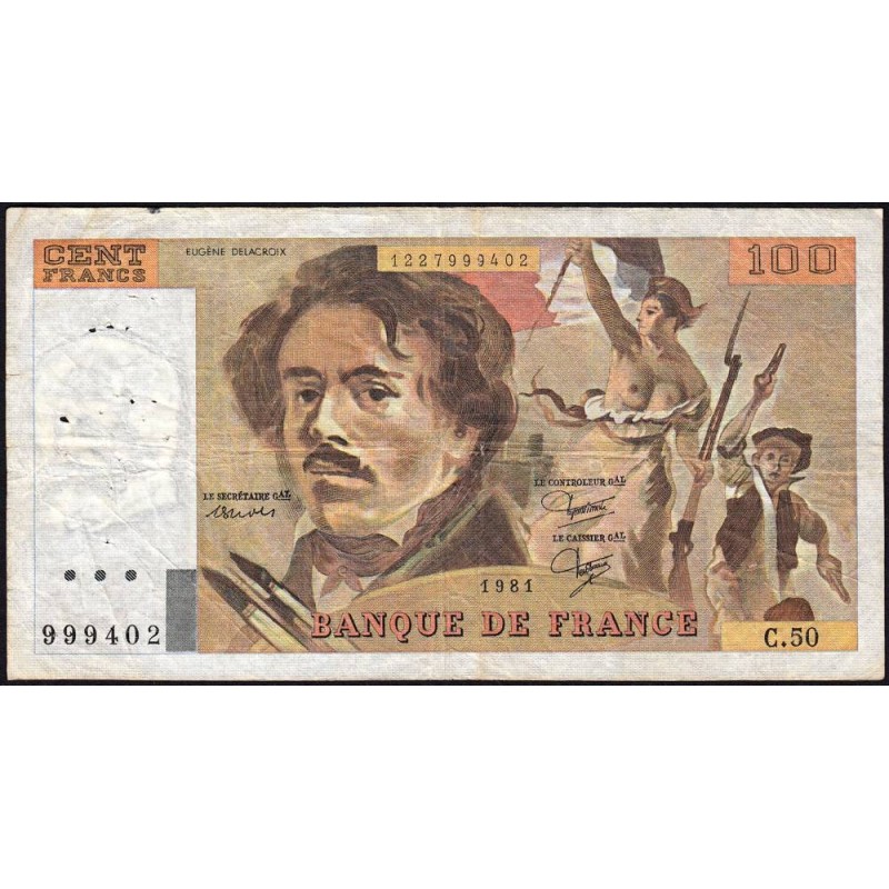 F 69-05 - 1980 - 100 francs - Delacroix - Série C.50 - Etat : TB-