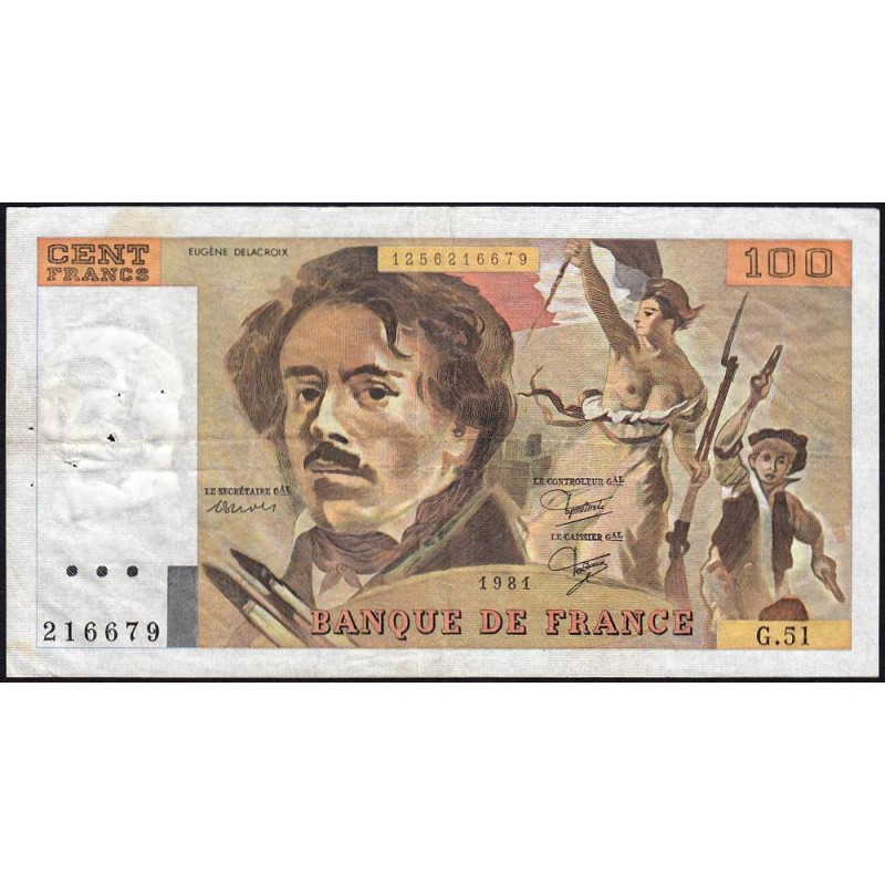 F 69-05 - 1980 - 100 francs - Delacroix - Série G.51 - Etat : TTB-