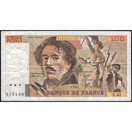 F 69-05 - 1980 - 100 francs - Delacroix - Série U.51 - Etat : TB-
