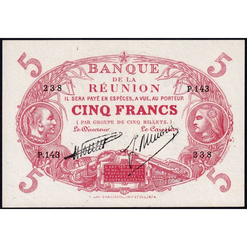 La Réunion - Pick 14_7 - 5 francs - Série P.143 - 1938 - Etat : SPL