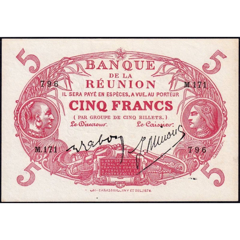 La Réunion - Pick 14_8 - 5 francs - Série M.171 - 1944 - Etat : SUP+
