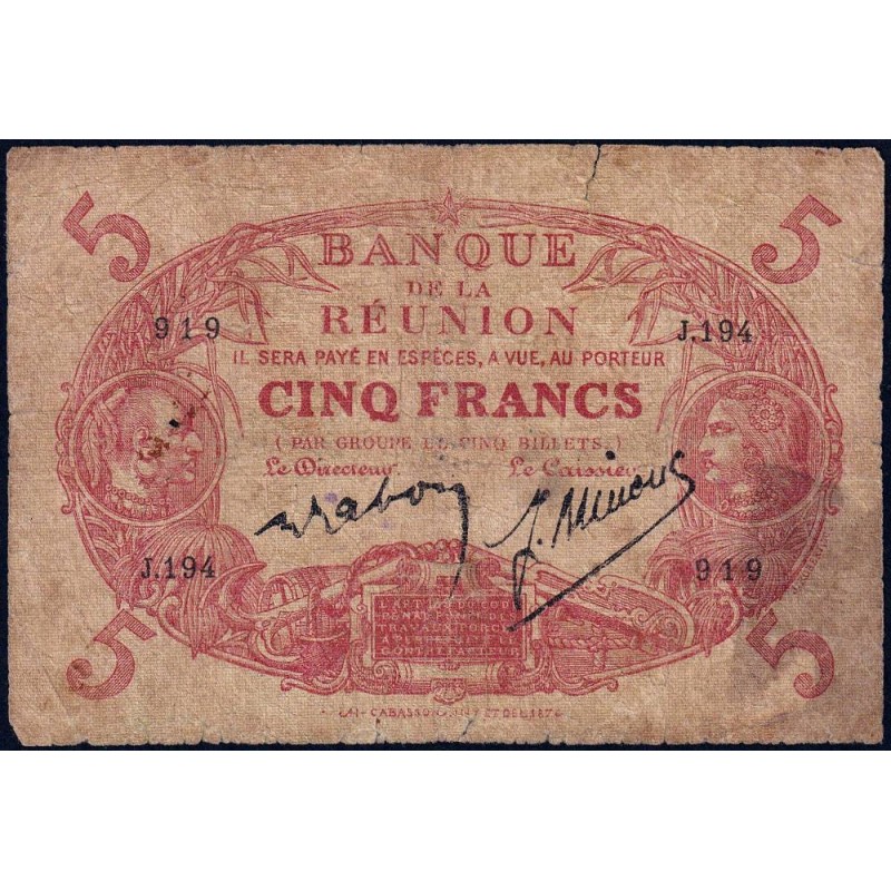La Réunion - Pick 14_8 - 5 francs - Série J.194 - 1944 - Etat : B