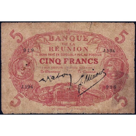 La Réunion - Pick 14_8 - 5 francs - Série J.194 - 1944 - Etat : B