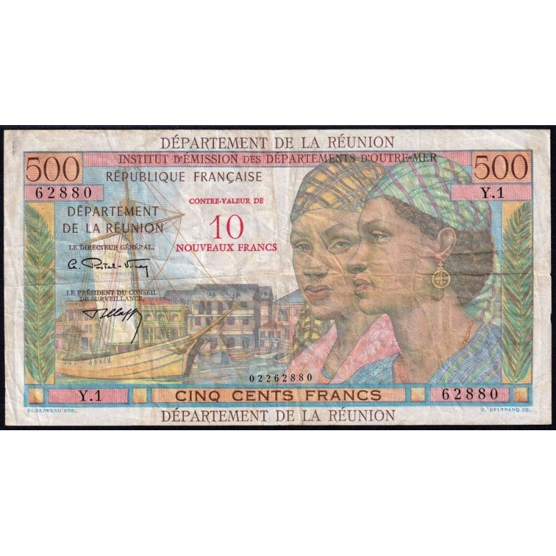 La Réunion - Pick 54b - 10 nouv. francs sur 500 francs - Série Y.1 - 1971 - Etat : TB
