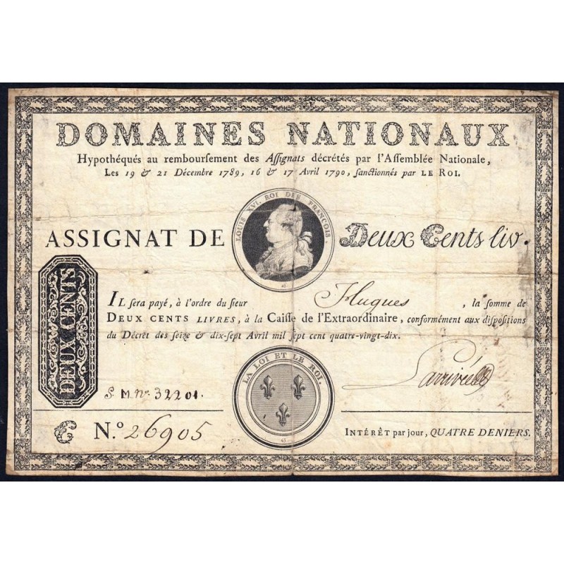 Assignat 01b - 200 livres à endos - Série C - 1789 - Etat : TB+ à TTB-