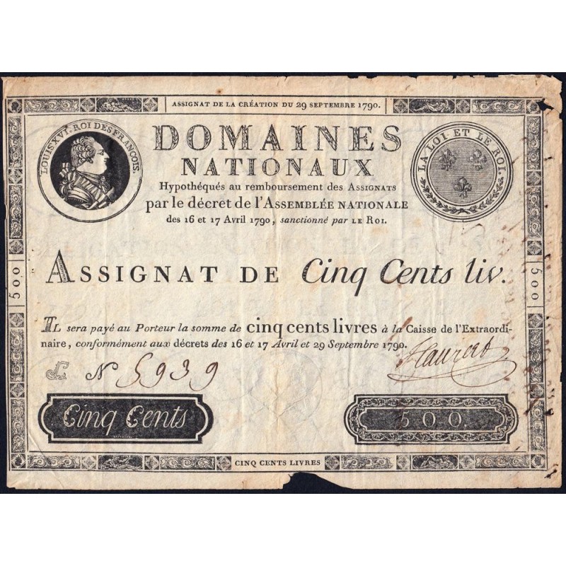 Assignat 10a - 500 livres - 29 septembre 1790 - Série L - Etat : TB à TB+