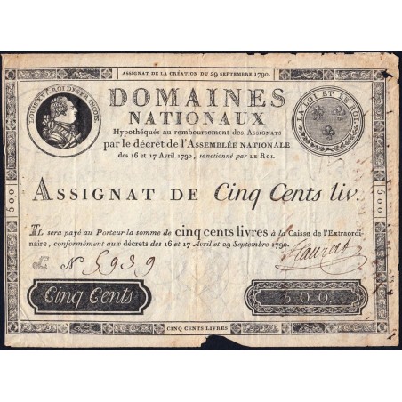 Assignat 10a - 500 livres - 29 septembre 1790 - Série L - Etat : TB à TB+