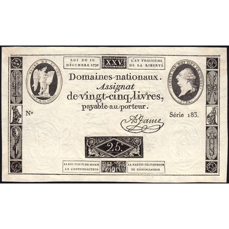 Assignat 22a - 25 livres - 16 décembre 1791 - Série 183 - Etat : SPL