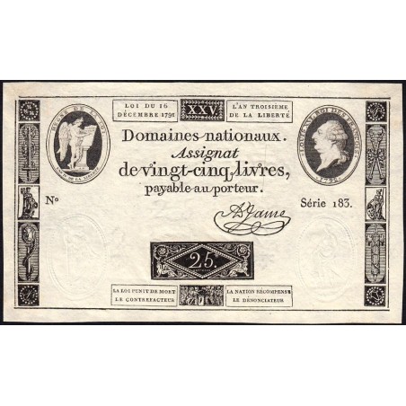 Assignat 22a - 25 livres - 16 décembre 1791 - Série 183 - Etat : SPL