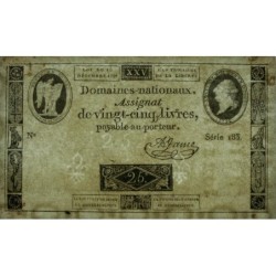 Assignat 22a - 25 livres - 16 décembre 1791 - Série 183 - Etat : SPL
