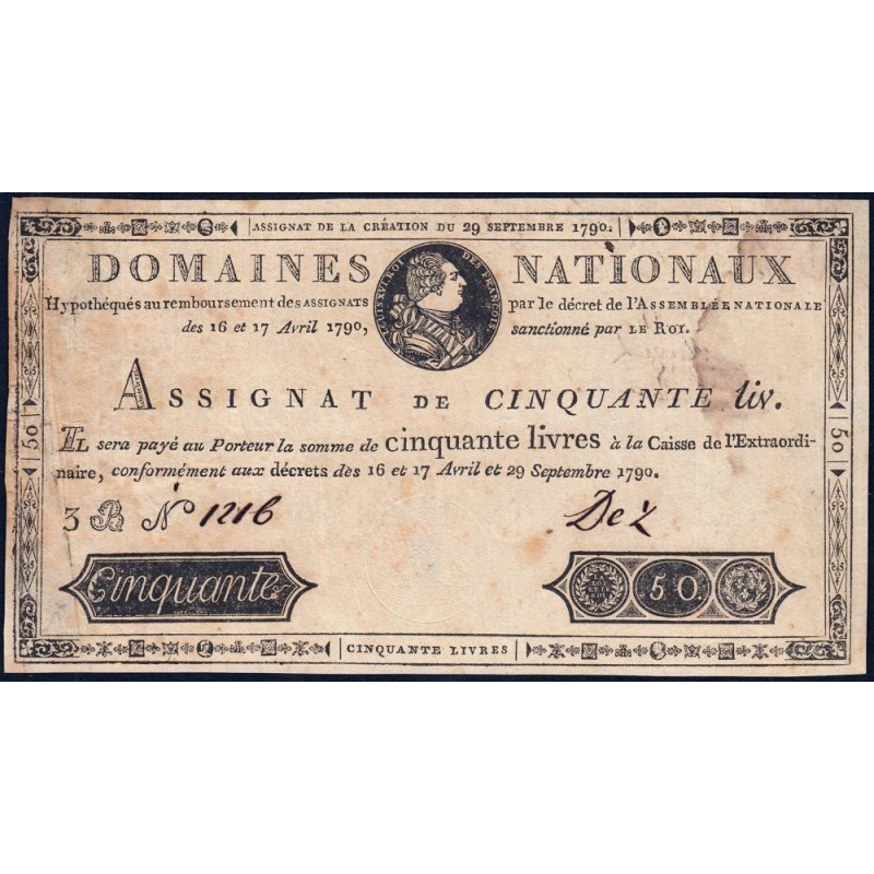 Assignat 04f-02-3b - 50 livres - 29 septembre 1790 - Série 3B - Faux - Etat : TTB+