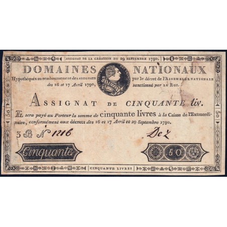 Assignat 04f-02-3b - 50 livres - 29 septembre 1790 - Série 3B - Faux - Etat : TTB+