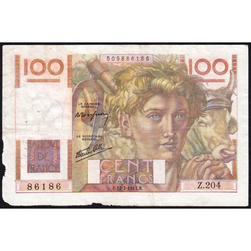 F 28ter-02 - 17/07/1947 - 100 francs - Jeune Paysan - Série Z.204 - Erreur signature - Etat : B+