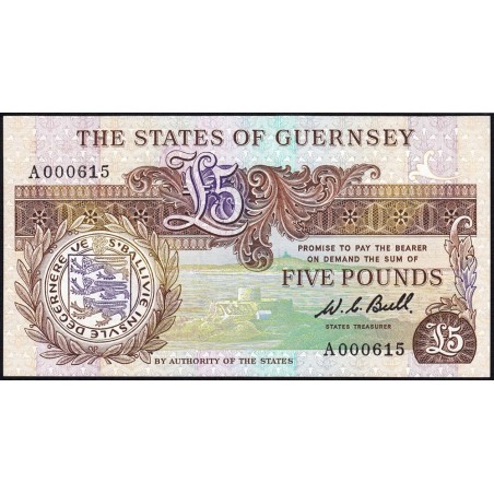 Guernesey - Pick 49a - 5 pounds - Série A - 1980 - Petit numéro - Etat : NEUF