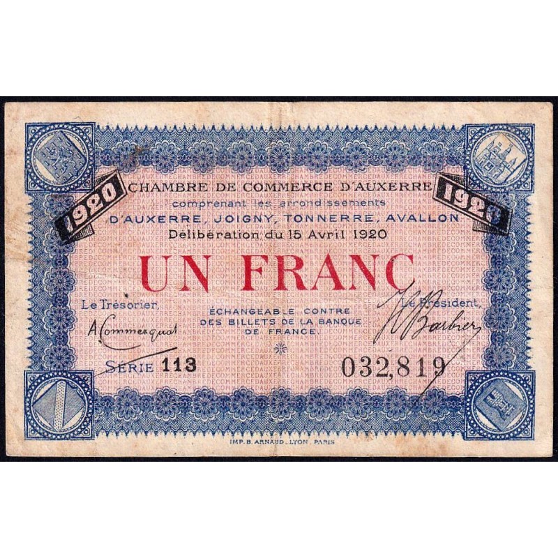 Auxerre - Pirot 17-26 - 1 franc - Série 113 - 15/04/1920 - Etat : TB