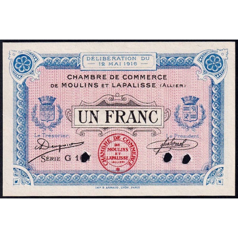 Moulins et Lapalisse - Pirot 86-6 - 1 franc - Série G 107 - 12/05/1916 - Spécimen - Etat : NEUF
