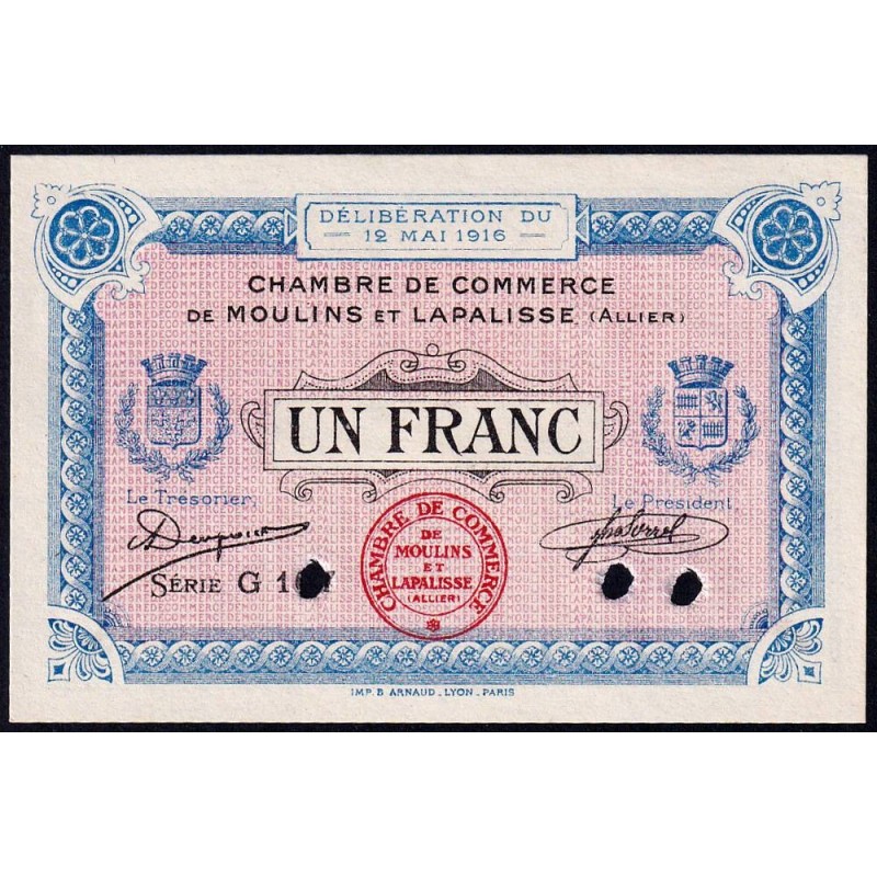Moulins et Lapalisse - Pirot 86-6 - 1 franc - Série G 107 - 12/05/1916 - Spécimen - Etat : NEUF