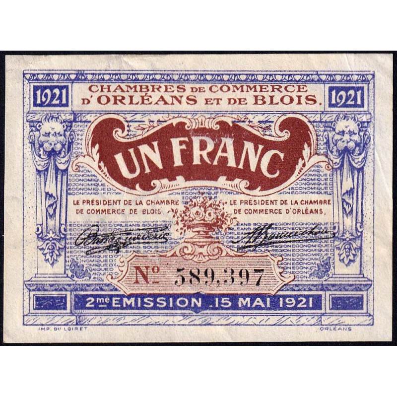 Orléans et Blois - Pirot 96-7 - 1 franc - 15/05/1921 - 2me émission - Etat : TTB+