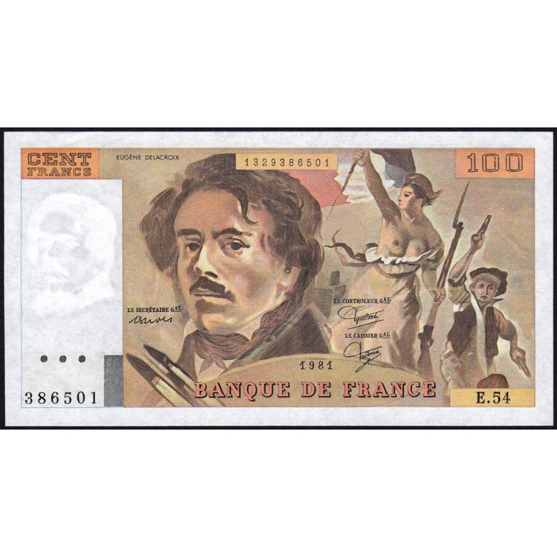 F 69-05 - 1981 - 100 francs - Delacroix modifié - Série E.54 - Etat : SUP