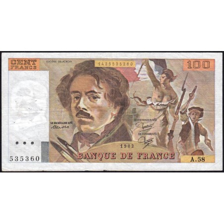 F 69-06 - 1982 - 100 francs - Delacroix modifié - Série A.58 - Etat : TB+