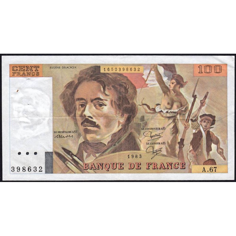 F 69-07 - 1983 - 100 francs - Delacroix modifié - Série A.67 - Etat : TTB