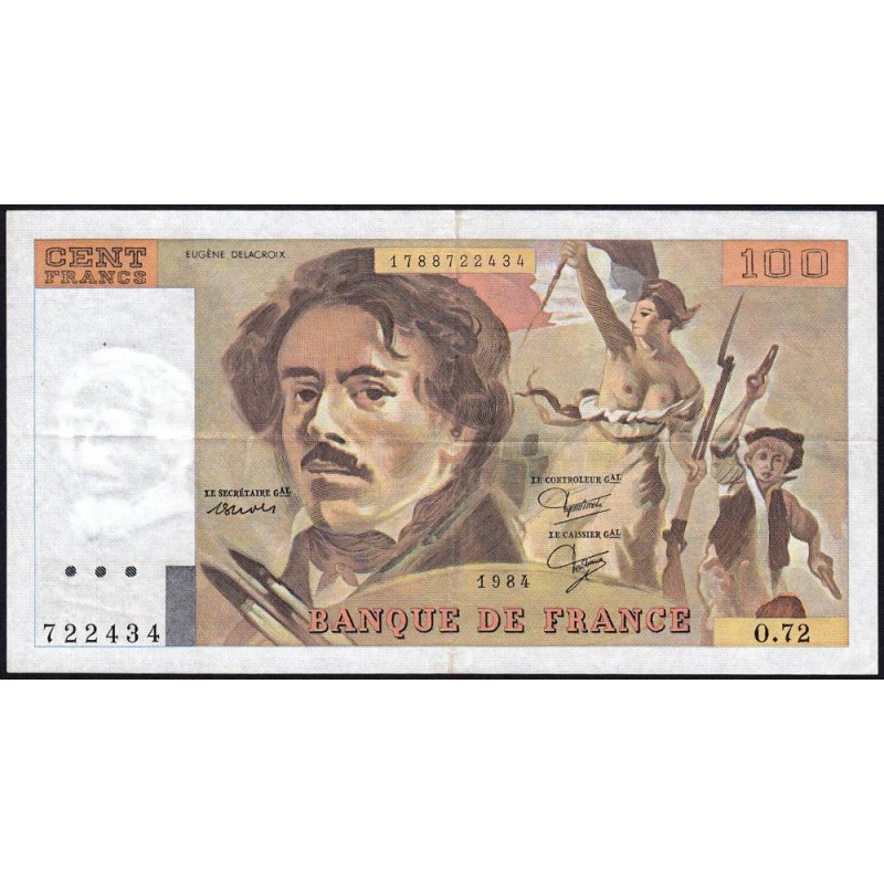 F 69-08a - 1984 - 100 francs - Delacroix modifié - Série O.72 - Etat : TTB+