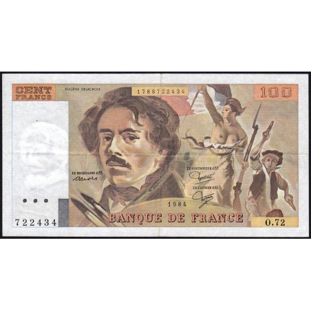 F 69-08a - 1984 - 100 francs - Delacroix modifié - Série O.72 - Etat : TTB+