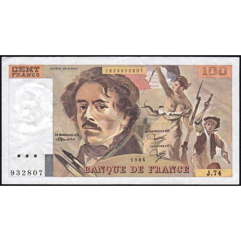 F 69-08a - 1984 - 100 francs - Delacroix modifié - Série J.74 - Etat : TTB