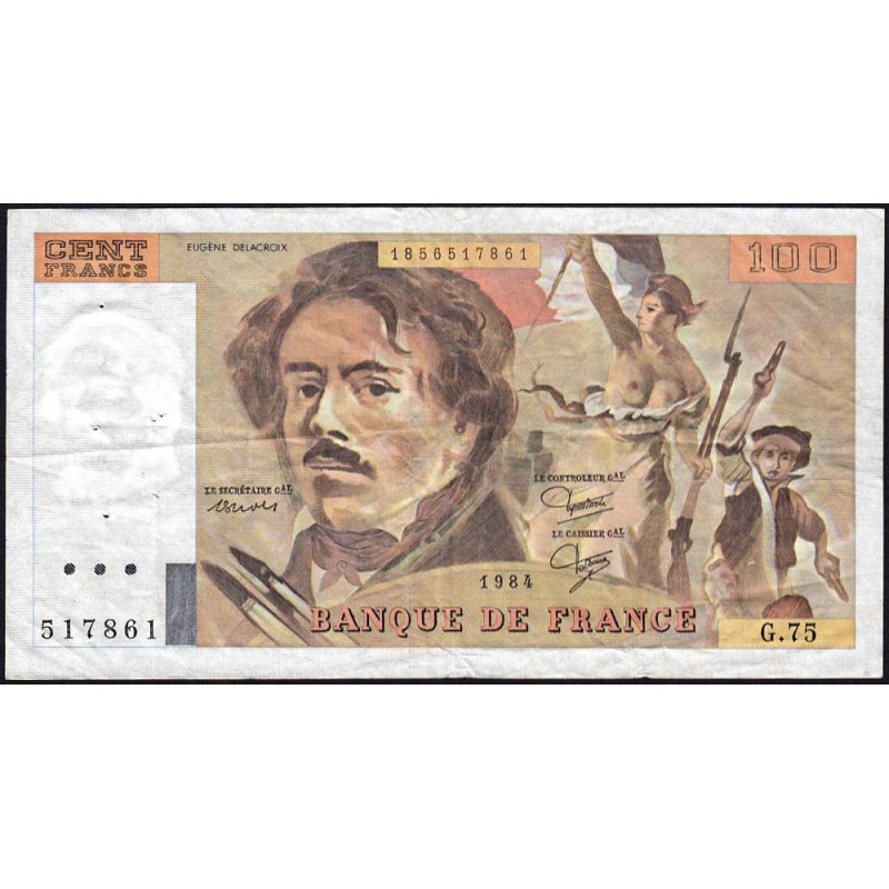 F 69-08a - 1984 - 100 francs - Delacroix modifié - Série G.75 - Etat : TB