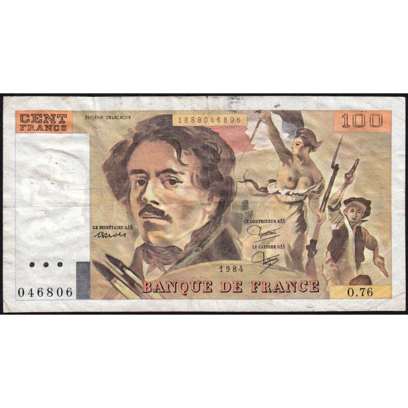F 69-08a - 1984 - 100 francs - Delacroix modifié - Série O.76 - Etat : TB-