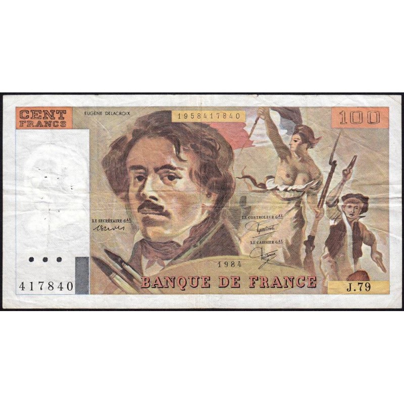 F 69-08a - 1984 - 100 francs - Delacroix modifié - Série J.79 - Etat : TB-