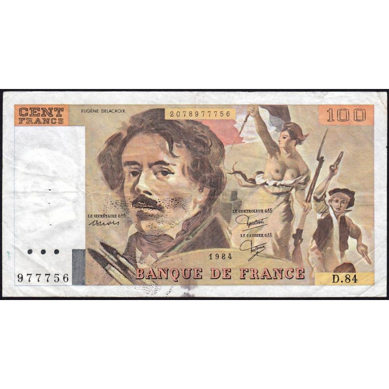 F 69-08a - 1984 - 100 francs - Delacroix modifié - Série D.84 - Etat : TB-