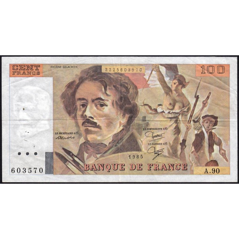 F 69-09 - 1985 - 100 francs - Delacroix modifié - Série A.90 - Etat : TB+