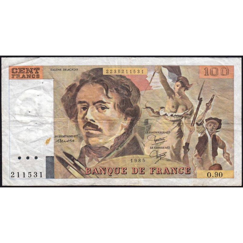 F 69-09 - 1985 - 100 francs - Delacroix modifié - Série O.90 - Etat : TB-