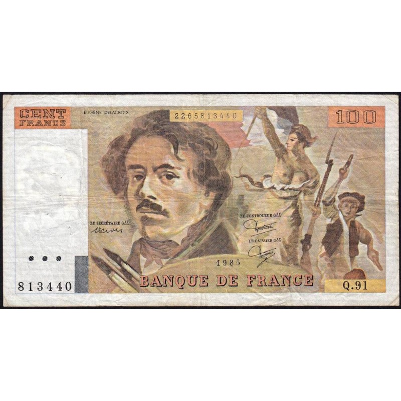 F 69-09 - 1985 - 100 francs - Delacroix modifié - Série Q.91 - Etat : TB-