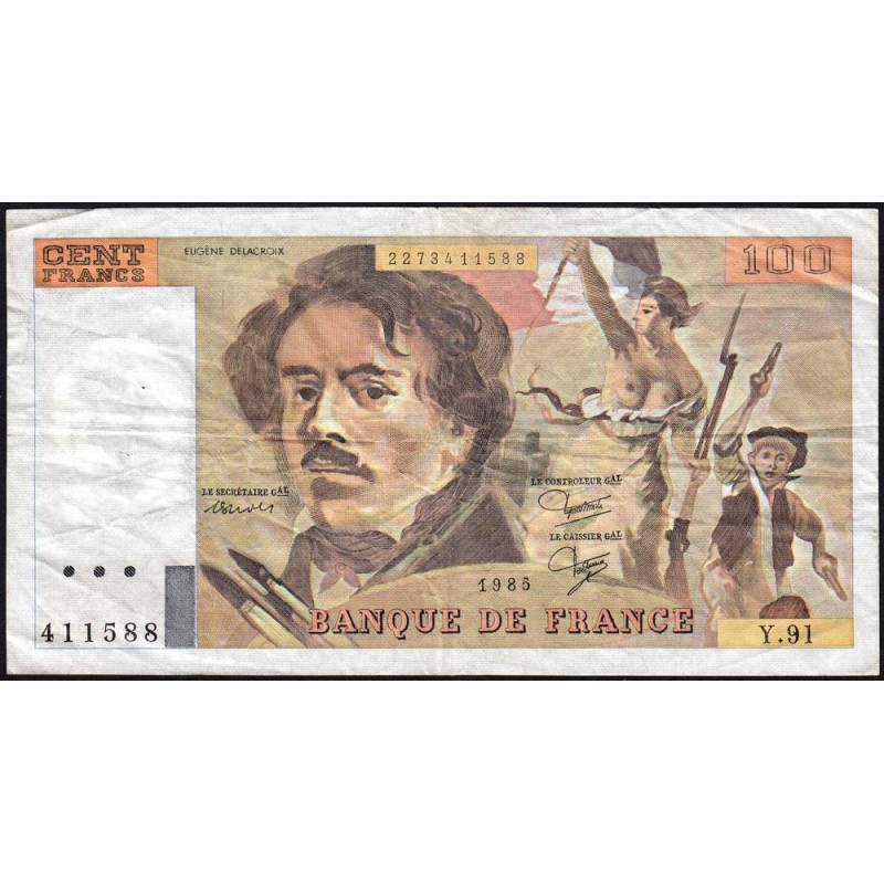 F 69-09 - 1985 - 100 francs - Delacroix modifié - Série Y.91 - Etat : TB-