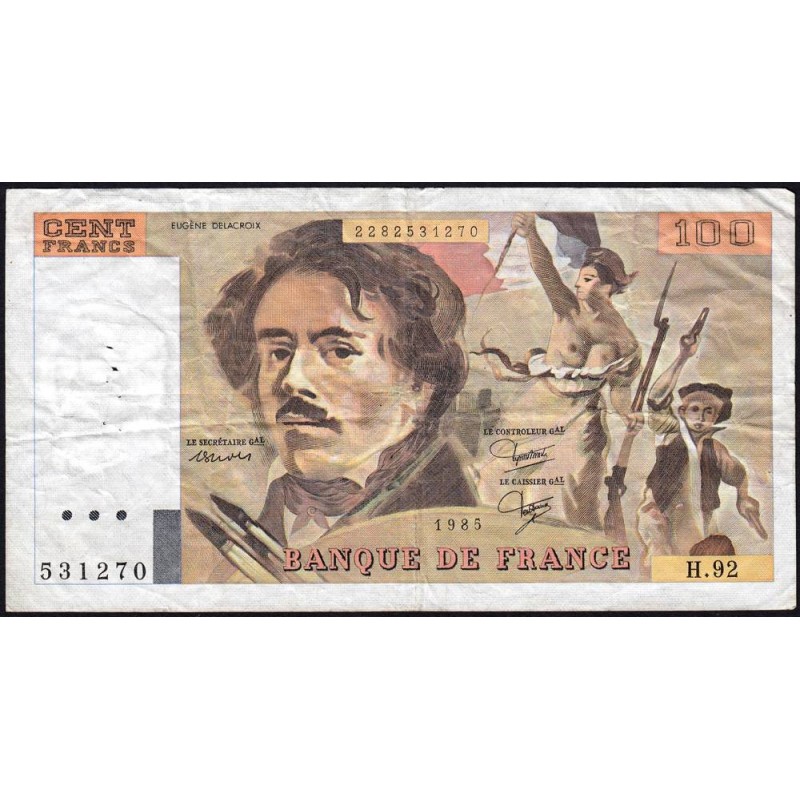 F 69-09 - 1985 - 100 francs - Delacroix modifié - Série H.92 - Etat : TB-