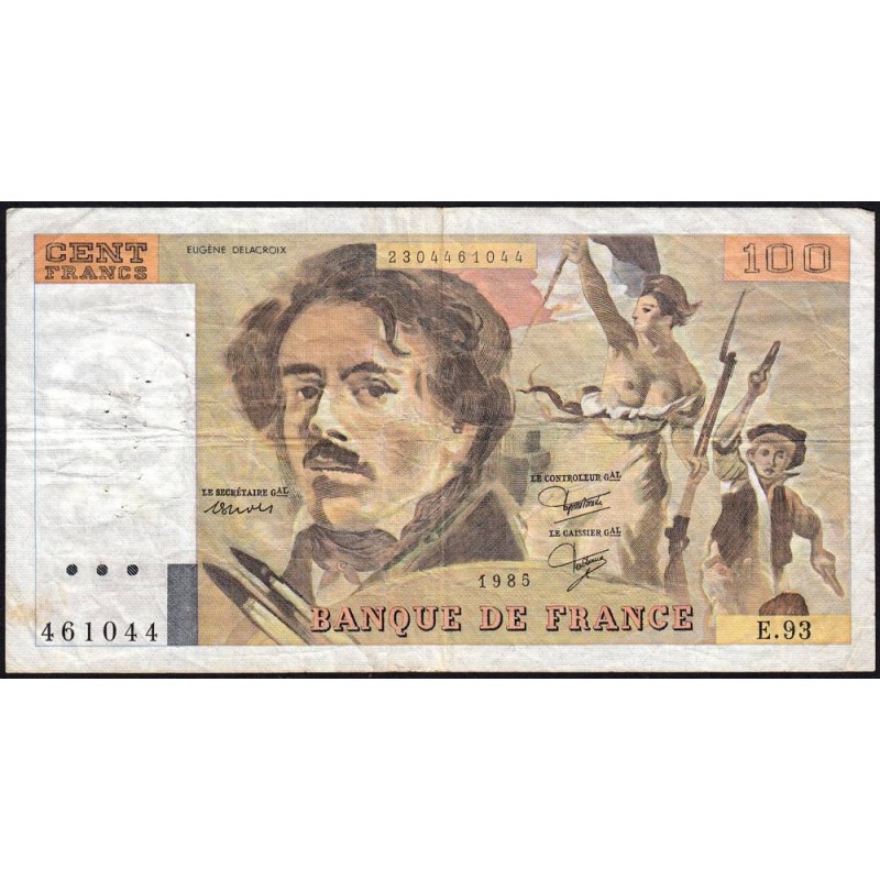 F 69-09 - 1985 - 100 francs - Delacroix modifié - Série E.93 - Etat : TB