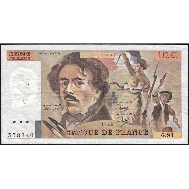 F 69-09 - 1985 - 100 francs - Delacroix modifié - Série G.93 - Etat : TB