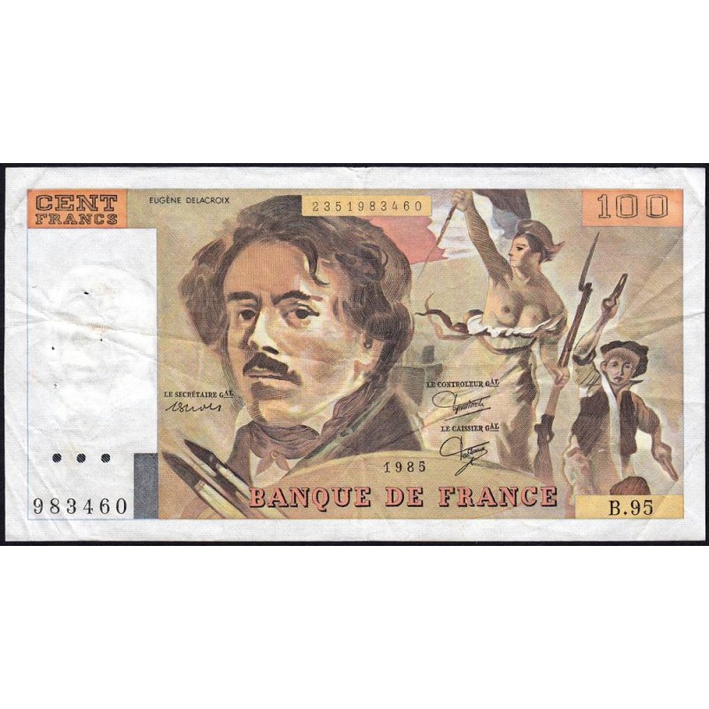 F 69-09 - 1985 - 100 francs - Delacroix modifié - Série B.95 - Etat : TB+