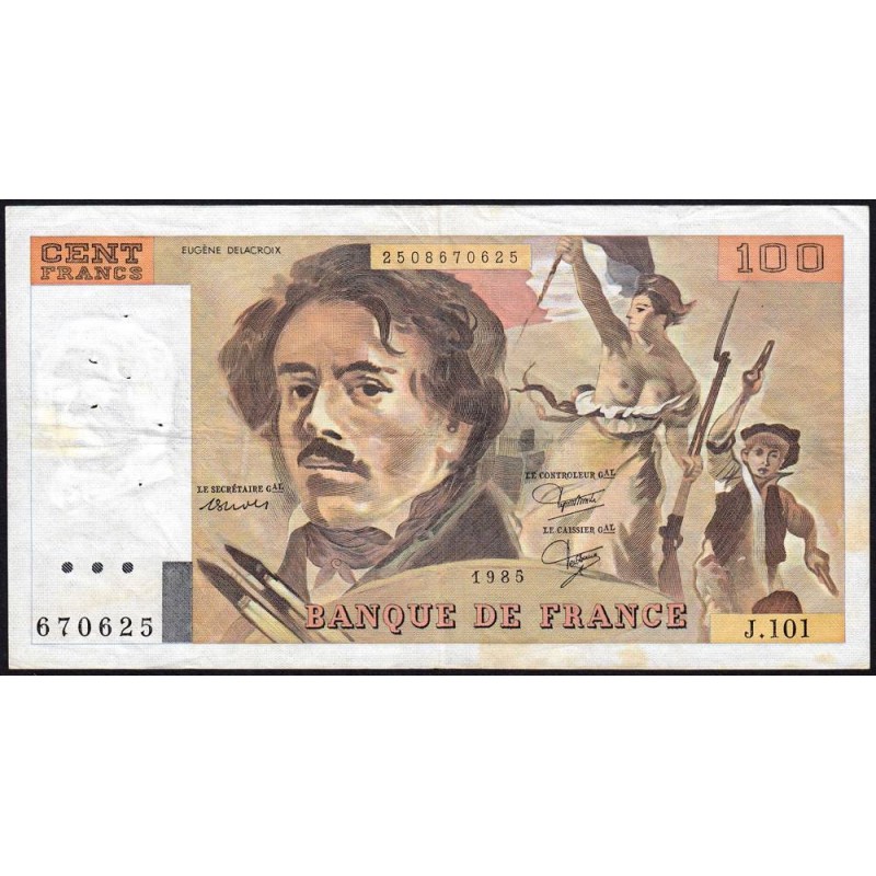 F 69-09 - 1985 - 100 francs - Delacroix modifié - Série J.101 - Etat : TB+