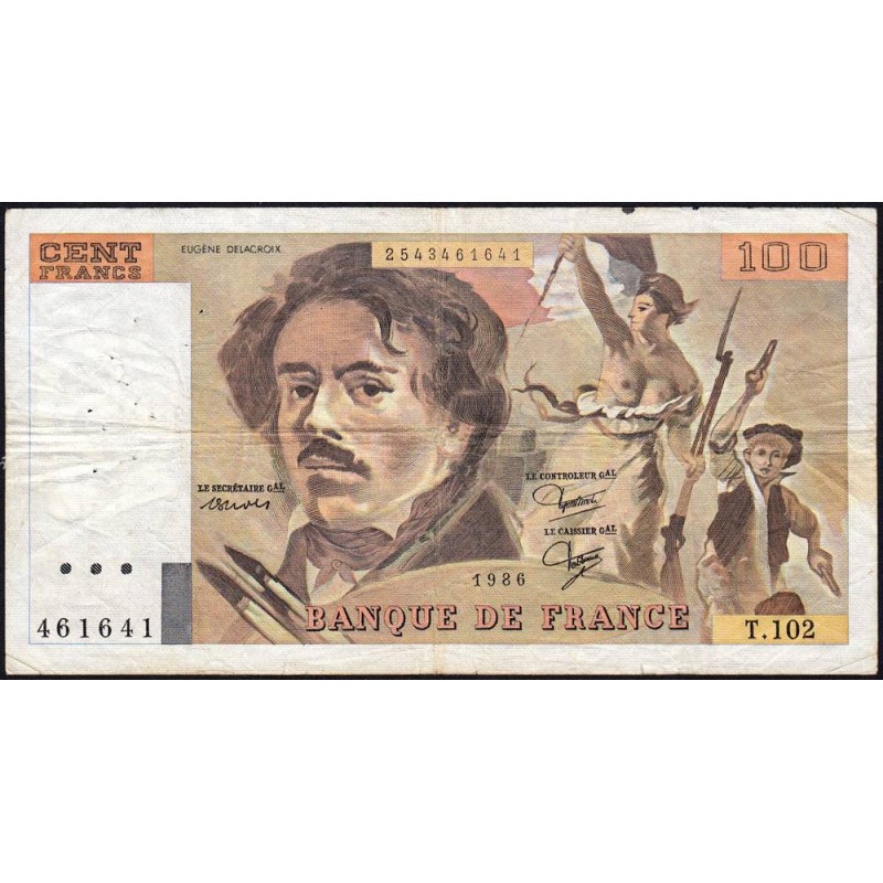 F 69-10 - 1986 - 100 francs - Delacroix modifié - Série T.102 - Etat : TB