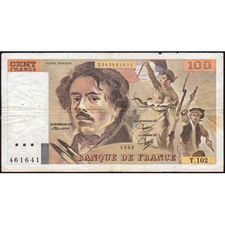 F 69-10 - 1986 - 100 francs - Delacroix modifié - Série T.102 - Etat : TB