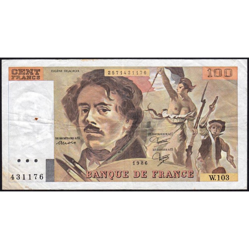 F 69-10 - 1986 - 100 francs - Delacroix modifié - Série W.102 (remplacement) - Etat : TB