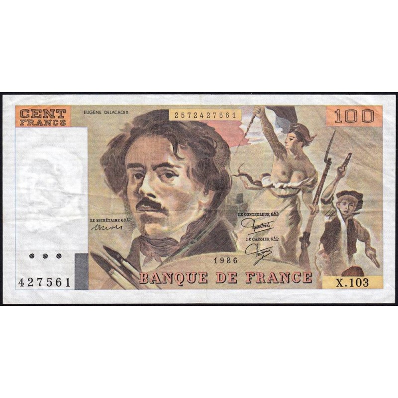 F 69-10 - 1986 - 100 francs - Delacroix modifié - Série X.103 - Etat : TB+