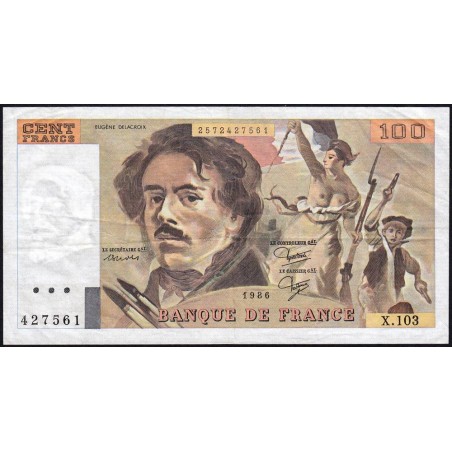 F 69-10 - 1986 - 100 francs - Delacroix modifié - Série X.103 - Etat : TB+